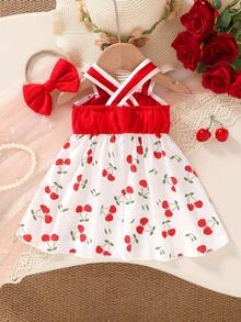 2 pezzi/set Abito da principessa e fascia per capelli con fiocco per bambine, stampa a ciliegie, colore a blocchi, morbido e confortevole, adatto per uso quotidiano, vacanze, feste - Multicolore - Visualizzare 7