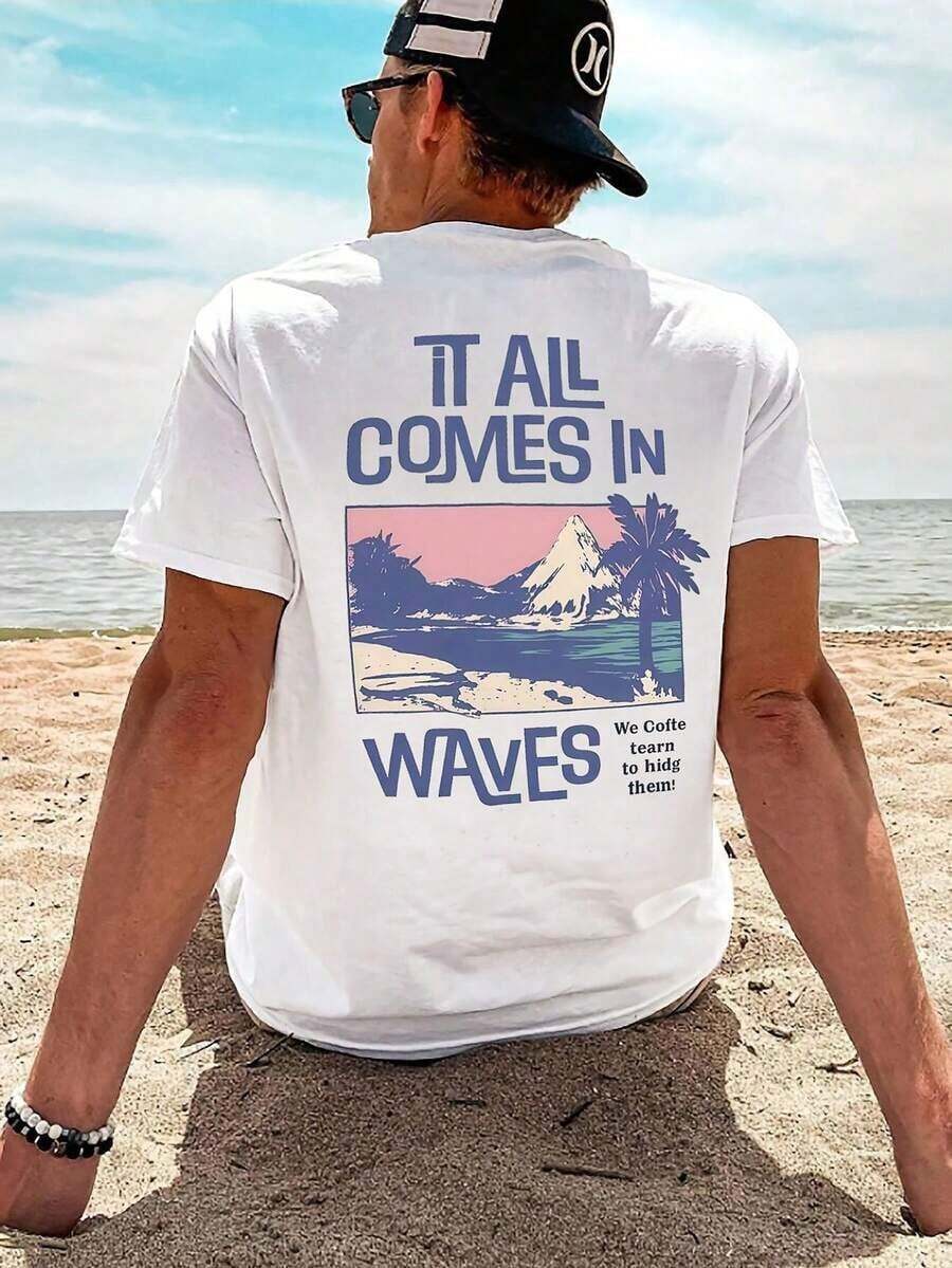 Men's Graphic Print T-Shirt, Summer Beach Outfit, Relaxed Fit, Short Sleeves - Blanc - View 1