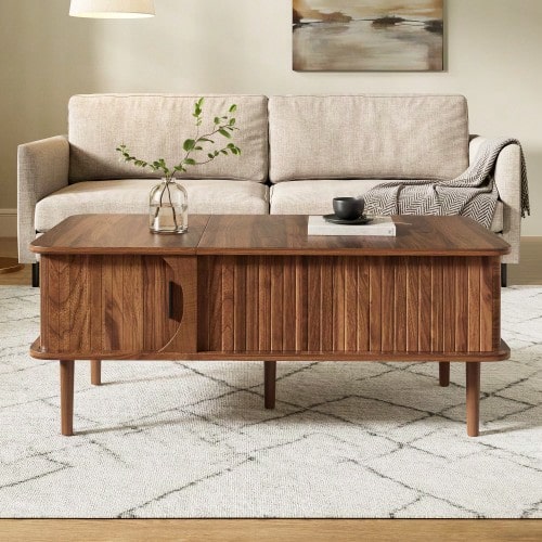 Modern Retro Coffee Table, Adjustable Tabletop Height, Sliding Door, Walnut Grain, Vertical Groove, Wooden Legs, Multifunctional Living Room Table - Brown - View 1