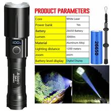 可充电金属LED手电筒，远射程，战术灯，变焦露营灯，防水，应急照明 - 黑色 - 查看 12
