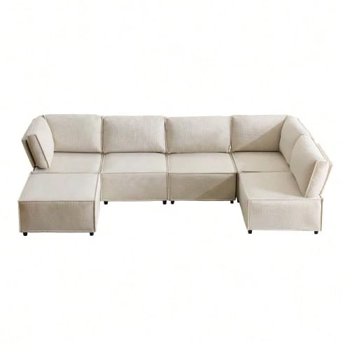 Set Of Semi-Compressed Modular Wooden Sofas, Versatile, Flexible And Easy To Connect, Suitable For Any Type Of Home, Upholstered In Beige Linen Fabric (Combination 2A+3B+C). - Beige - View 1