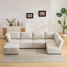 Set Of Semi-Compressed Modular Wooden Sofas, Versatile, Flexible And Easy To Connect, Suitable For Any Type Of Home, Upholstered In Beige Linen Fabric (Combination 2A+3B+C). - Beige - View 5