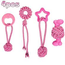 Bộ 4 món đồ chơi dây thừng tương tác màu xanh dương/hồng cho chó cưng, đồ chơi gặm | Trò chơi kéo co | Làm sạch răng, đồ chơi huấn luyện - Thích hợp cho chó con và các giống chó nhỏ/trung bình, đồ chơi gắn dây xích, dây gặm cho chó, đồ dùng cho thú cưng, phụ kiện vui nhộn - Đỏ - Xem 1