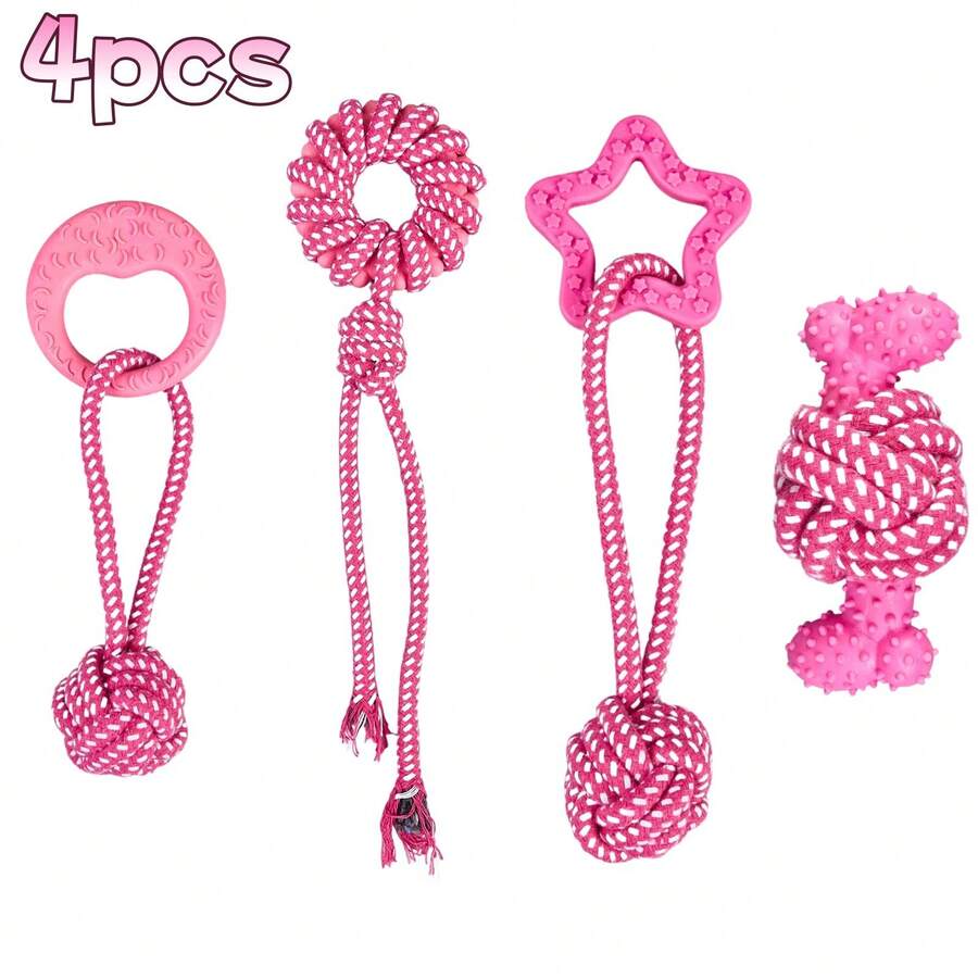 Bộ 4 món đồ chơi dây thừng tương tác màu xanh dương/hồng cho chó cưng, đồ chơi gặm | Trò chơi kéo co | Làm sạch răng, đồ chơi huấn luyện - Thích hợp cho chó con và các giống chó nhỏ/trung bình, đồ chơi gắn dây xích, dây gặm cho chó, đồ dùng cho thú cưng, phụ kiện vui nhộn - Đỏ - Xem 1