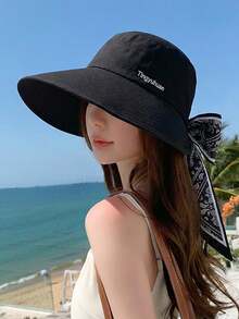1pc Women's Large Brim Tied Back Sun Hat, Summer UV Protection Wide Brim Bucket Hat, Patchwork Bow Tie Beach Sun Hat, Suitable For Daily, Vacation, Beach, Hiking,Holiday,Travel - Multicolor - View 13