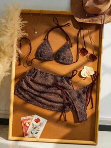2pcs Women's Summer Beach Bikini Set, Crochet Halter Tie Back Bikini, Bohemian Sequin Crochet Cover Up Dress, Women Beach Vacation Bikini 3-Piece Set, Suitable For Beach, Leisure, Vacation And Pool Party - Nâu 2 - Xem 6