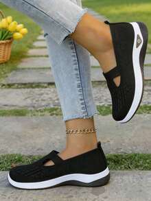 Women'S Lightweight Breathable Knit Walking Shoes - Soft EVA/PVC Sole, Low-Top Summer Sneakers With Fabric Upper & Lining, Multiple Colors For Casual & - 黑色 - 查看 4