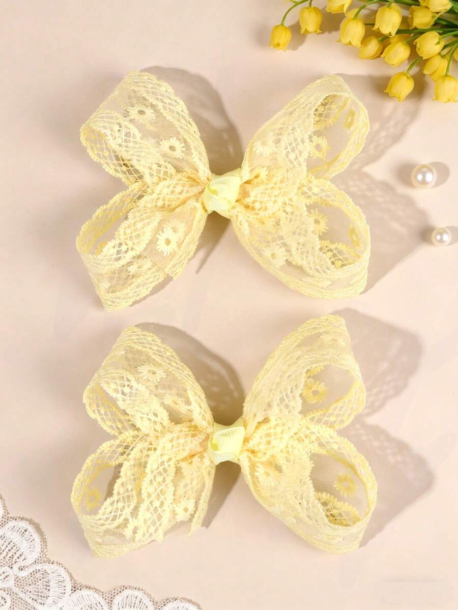 2件組女孩蕾絲蝴蝶結黃色刺繡花朵髮夾 優雅婚禮派對髮飾 仙女風髮飾 嬰兒髮飾 春夏款 - 黃色 - 查看 1
