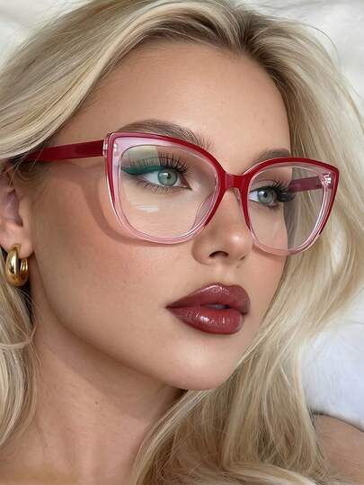 1 Cặp kính nữ gọng trong suốt màu hồng hình mắt mèo, tròng kính PC, kiểu dáng Hàn Quốc dễ thương, đa năng.