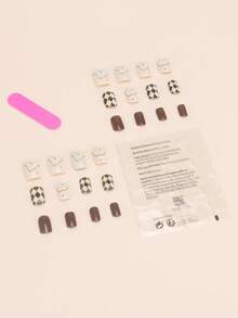 24pcs Square/Retro Mayer Checkerboard Pattern Nail Stickers, 24pcs Set Suitable For Daily Commute, Party And Casual Outfits - MultiWarna - View 3