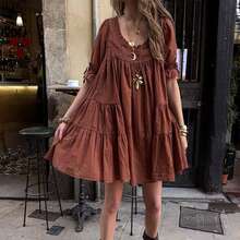 Women Puff Sleeve Babydoll Mini Dress Y2K Lace Trim Ruffle Flowy Dresses Summer Loose Swing Going Out Sundresses - 棕色 - 查看 5