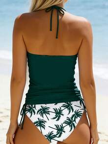 Women's Halter Neck Tankini Top With Drawstring And Palm Tree Print Bikini Bottom Set Casual High Stretch Knitted Fabric - Dark Green - View 2