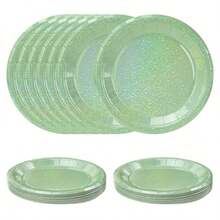 N50 PCS Iridescent Sage Green Paper Plates 7 Inch Dert Plates Holographic Sage Green Disposable Plate For Birthday Party Dinner Wedding Baby Shower Glitter Cake Plate1 - 帶有虹彩光澤的鼠尾草綠盤子 - 查看 8
