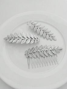 3pcs/Set Versatile Leaf Hair Clips, Side Comb, Haircomb, Headpiece,Travel,Birthday - Silver - View 8