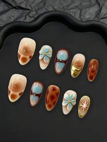 LIVENTO 10pcs Handmade Press On Nails With Almond Shape, Featuring Amber Hand Painted Details, 3D Carved Floral Accents And Blue-White Gradient Design. Hand Painted Acrylic Handmade Press On Nails Perfect For Women Who Enjoy Artistic Nails. - 琥珀色 - 查看 2