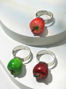 3 piezas Anillos de resina con diseño 3D de manzana realista, joyas únicas con forma de manzana roja y verde - Multicolor - Ver 5