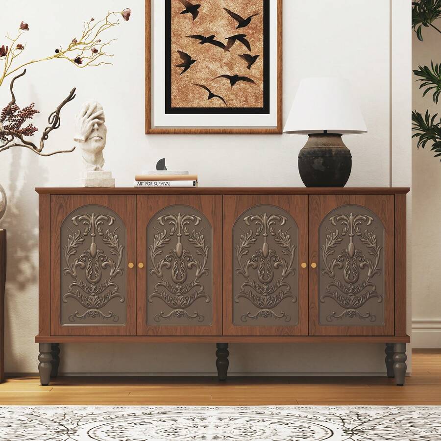JOEMEY Sideboard Cabinet With 4 Embossed Doors And Adjustable Shelves - Brown - View 1