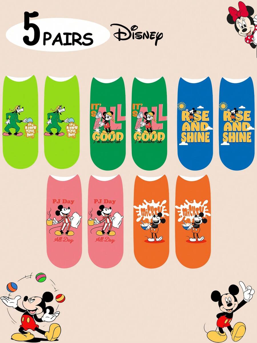 Disney 迪士尼袜子 1/5 双装 女士/情侣短袜,个性化设计,充满乐趣,色彩丰富,创意卡通图案,适合作为节日礼物,舒适透气,增添家庭氛围,时尚百搭,男女皆宜,趣味卡通袜子,米奇、米妮、唐老鸭、黛丝、高飞、布鲁托 - 彩色 - 查看 1