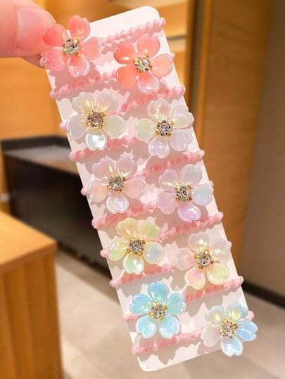 10个多巴胺渐变色花朵发圈，粉色弹力发绳，饰有亮片花朵，甜美仙女风发饰，适合女孩，派对及日常佩戴，不伤发。