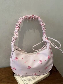 1 chiếc túi đeo vai bằng vải nylon màu hồng, khóa kéo trơn, dây rút, nơ, in chấm bi, thời trang, đa năng, phong cách tối giản, mùa xuân/hè, mẫu mới độc đáo, phù hợp cho nữ sử dụng hàng ngày. - Hồng - Xem 1