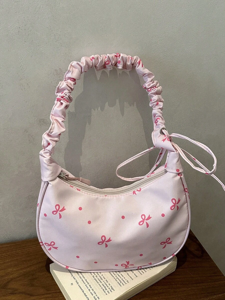 1 chiếc túi đeo vai bằng vải nylon màu hồng, khóa kéo trơn, dây rút, nơ, in chấm bi, thời trang, đa năng, phong cách tối giản, mùa xuân/hè, mẫu mới độc đáo, phù hợp cho nữ sử dụng hàng ngày. - Hồng - Xem 1