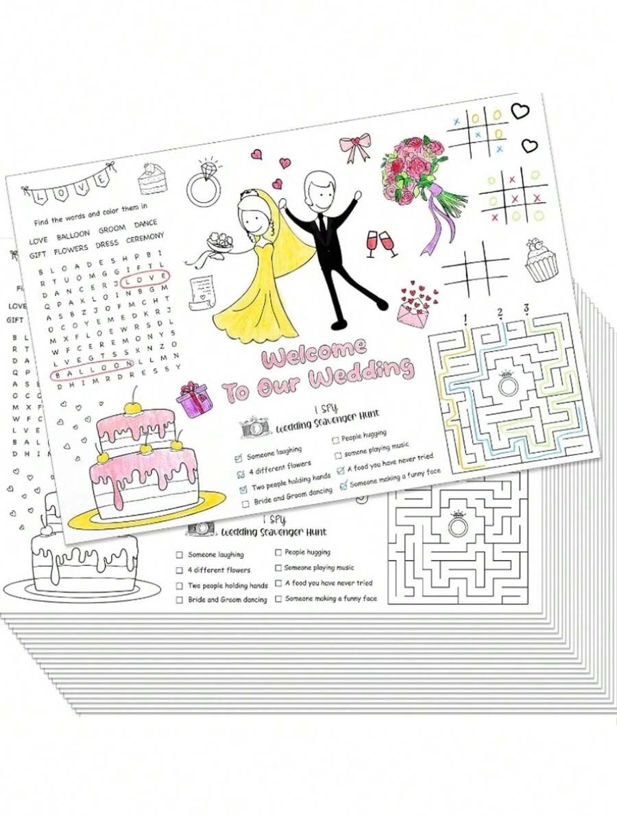 10件/4件 DIY 婚禮歡迎禮品、新娘伴手禮、活動餐墊與 DIY 手繪著色卡，包含婚紗、西裝、戒指、蛋糕等圖案，適用互動遊戲與婚禮派對禮物