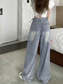 Quần jeans ống rộng rách bạc màu, phong cách thường ngày mùa xuân. - Rửa trung bình - Xem 5