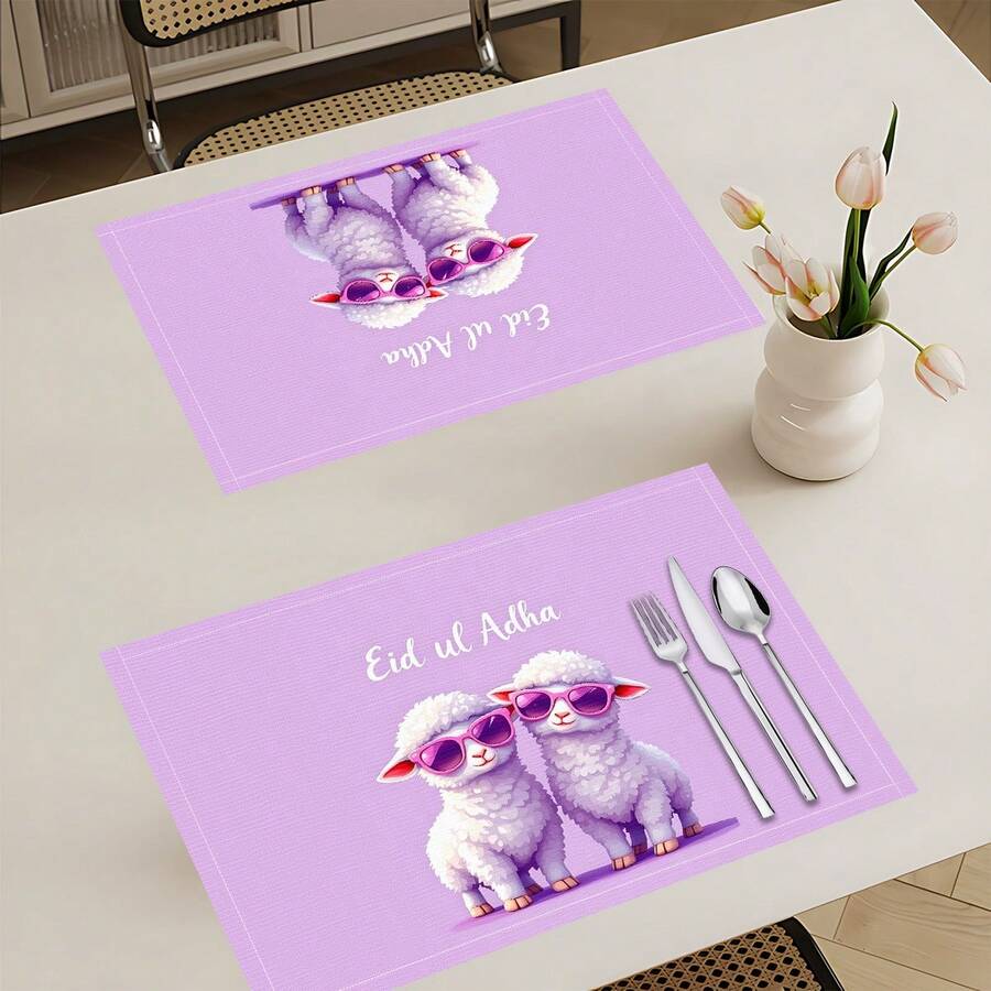 1pc/4pcs/6pcs Linen Placemat With Sheep Pattern Print, Eid Al-Adha Decor, Eid Al-Adha Gift, Suitable For Dining Table, All Season Decoration, Modern Washable Tabletop Mat, Room Decor, Placemats, Coasters, Kitchen Dining Mat, Indoor Outdoor Party Decor, Home Decor, Ideal Gift - Multicolor - View 1