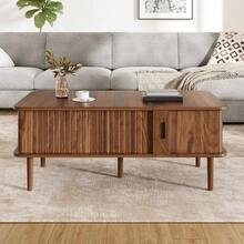 Modern Retro Coffee Table, Adjustable Tabletop Height, Sliding Door, Walnut Grain, Vertical Groove, Wooden Legs, Multifunctional Living Room Table - Brown - View 10