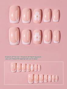 24pcs Square White Floral Acrylic Press-On Nails Set, Includes 1pc Jelly Gel And 1pc Nail File - Multicolor - View 3