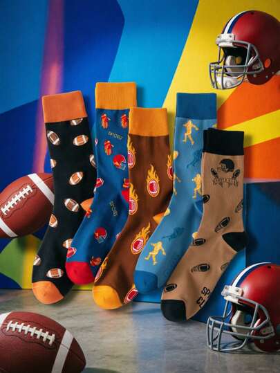 1/5 Paar Herren Socken, zufällige Mehrfarbigkeit, geeignet für alle Jahreszeiten, Cartoon Fußball Kontrastfarbe, modischer Streetwear-Stil, weich & bequeme lässige Knöchelsocken