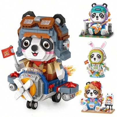 Modelo 3D de bloques de construcción de panda piloto de dibujos animados, decoración del hogar, alivio del estrés, adecuado para regalos, cumpleaños, regalos de Halloween/Acción de Gracias/Navidad