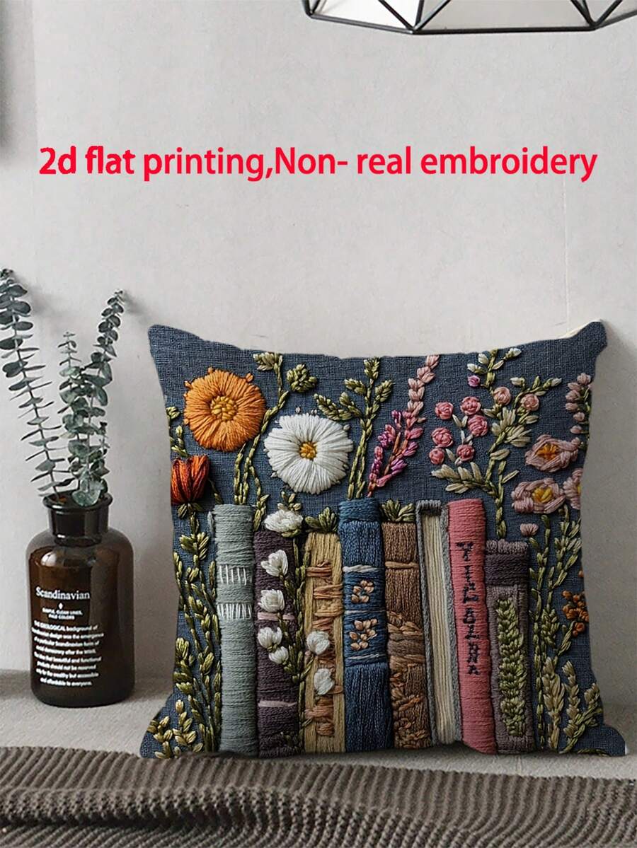 1 pieza Funda de cojín decorativa con estampado vintage de libro y flores con cremallera, adecuada para varias habitaciones, dormitorio, vacaciones, decoración de fiestas, estampado de flores y lomo de libro (sin bordado) (solo impresión) (sin relleno)