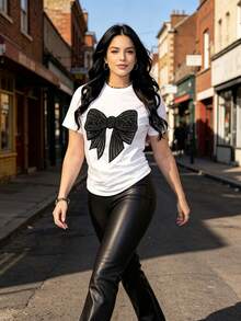 White Basic Coquette Tee, Black Bow Sparkly Graphic Loose Short Sleeve Daily Casual Top Coquette Aesthetic,Bow,Sparkly, - White - View 6