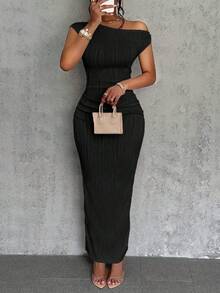 1PC New Cute Fashionable Water Ripple One-Shoulder Slim Dress Women's Clothing - trắng - Xem 5