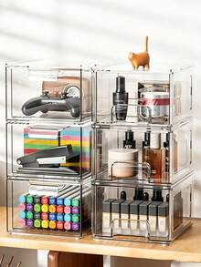 Caja de almacenamiento de estilo cajón de escritorio de gran capacidad transparente de acrílico, adecuada para almacenar cosméticos y máscaras. Se puede usar para apilar cajas de almacenamiento de lápices labiales, organizadores de papelería de oficina. Aplicable para la sala de estar, el comedor, la cocina, el dormitorio, la oficina, adecuado para la oficina, el hogar, las reuniones familiares, las bodas y las celebraciones festivas. - transparente - Ver 1