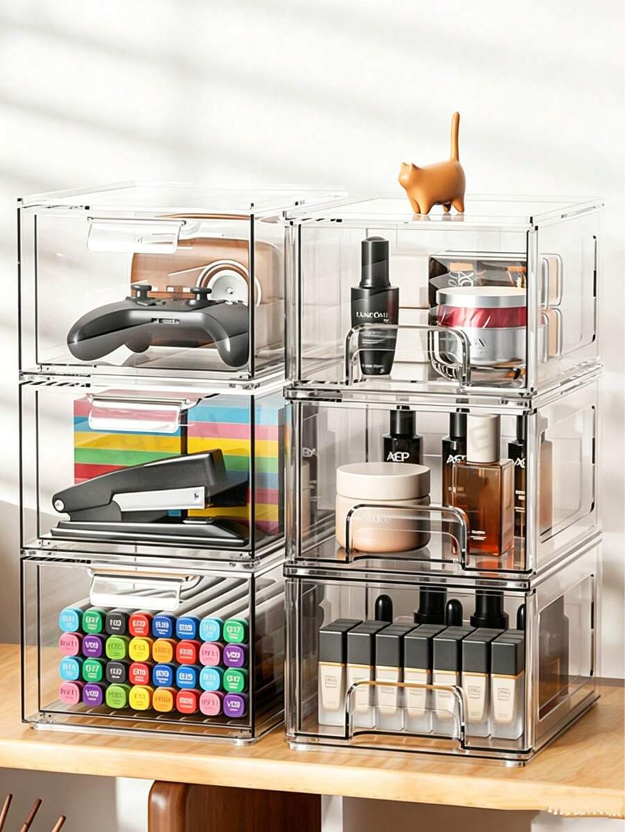 Caja de almacenamiento de estilo cajón de escritorio de gran capacidad transparente de acrílico, adecuada para almacenar cosméticos y máscaras. Se puede usar para apilar cajas de almacenamiento de lápices labiales, organizadores de papelería de oficina. Aplicable para la sala de estar, el comedor, la cocina, el dormitorio, la oficina, adecuado para la oficina, el hogar, las reuniones familiares, las bodas y las celebraciones festivas. - transparente - Ver 1