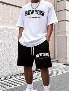 Men'S New York Casual Short Sleeve Black With White Lettering Casual Style| Comfortable Fit, PLUS SIZE  Men's Casual Outfit, Cotton Sportswear Set - 白色 - 查看 7