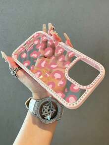 Ốp lưng điện thoại trong suốt sang trọng họa tiết da báo đính đá lấp lánh, tương thích với iPhone 17/17Air/17pro/17promax/16 16Pro 16plus 16promax 15 14 13 Pro Max 13 12 11, ốp lưng mềm mại chống sốc, chống rơi vỡ, bảo vệ toàn diện. - Hồng - Xem 3