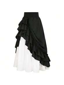 Halloween Costume, Retro Court Style, Ruffles, Wooden Ear Trim, Drawstring, Colour Block, Large Hem, Half Skirt - SK2403 [Black and White] - View 8