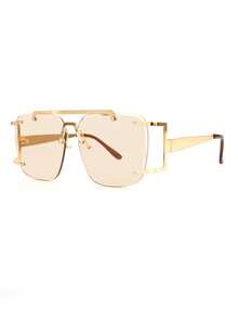 1pc Elegant Square Fashion Glasses, Retro Personalized Frameless Double-Bridge Women's Glasses, Suitable For Women's Daily Outfits, Travel, Beach, Music Festivals In Autumn/Winter - Champagne Slices - View 4