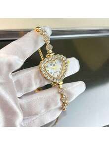 1pc Women's Gold-Color Alloy Bracelet Featuring A Heart-Shaped Watch Case With Arabic Numerals On The Watch Dial, Delicate Quartz Watch With Adjustable Drawstring Strap For Easy Wearing, Suitable For Daily Decoration Holiday As A Gift For Students Returning To School - 金色 - 查看 4