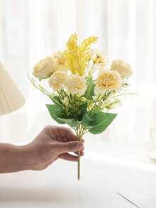 1 Bunch Artificial Silk Hydrangea & Fake Tea Rose, Suitable For Spring/Autumn Wedding Vase, Can Be Used For Home, Restaurant, Bedroom, Bathroom, Room Decoration, Mother's Day, Father's Day, Holiday Birthday Party Supplies, Outdoor Garden Decoration - Yellow - View 3