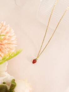 1件夏季清新可爱甜美不锈钢3D草莓项链，适合日常佩戴，可作礼物 - 金黃色 - 查看 2