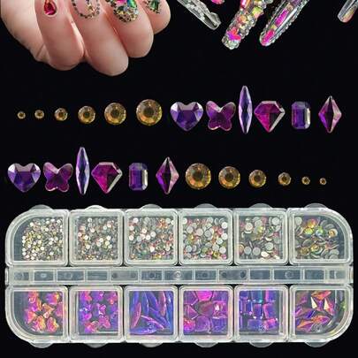 12格DIY美甲K9玻璃彩色扁平钻石套装，每种颜色包含1颗高光泽钻石和1支点钻笔，适用于美甲沙龙、美甲用品、圣诞美甲、新年、圣诞节和节日礼物