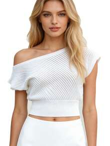 Blusa de punto de manga corta de color liso, estilo casual y moderno para mujer, con un solo hombro descubierto. - Blanco - Ver 5