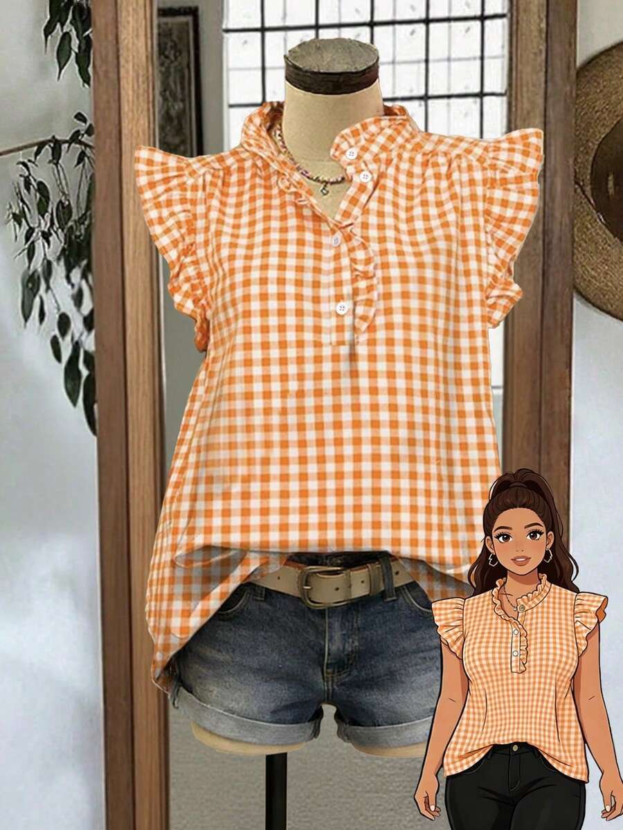 Áo sơ mi ngắn tay kẻ caro màu cam và trắng tươi tắn, ngọt ngào dành cho nữ, thiết kế nửa mở phía trước, toát lên vẻ trẻ trung, năng động, thích hợp cho mùa xuân/hè. - trái cam - Xem 1