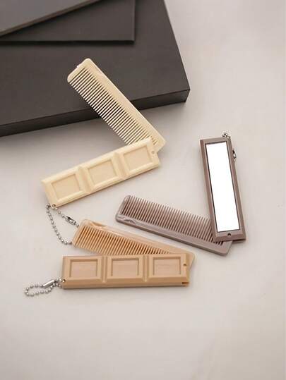 Milk Tea Color Cartoon Folding Comb With Mirror, Made Of Durable ABS Material, Convenient For Students, Gatherings And Travel, Also A Perfect Holiday Gift