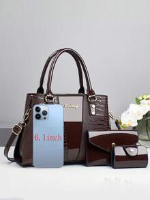 3pcs Women's PU Handbag Set, Elegant Fashion Tote Bag With Coin Purse And Card Holder, Multifunctional Large Capacity Shoulder Bag, Stylish And Unique Design, Available In Multiple Colors - Coffee Brown - View 6