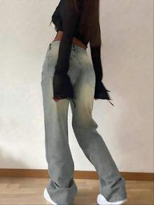 Women'S High-Waist Wide Leg Jeans - Distressed Washed Denim Light Wash Blue Relaxed Fit Straight-Leg Pants, Long Length All-Season Comfort, Casual To Semi-Formal Versatile Casual Attire, Durable Non-Stretch Fabric (No Slouching Slightly Tapered Leg) - 水洗灰 - 查看 2